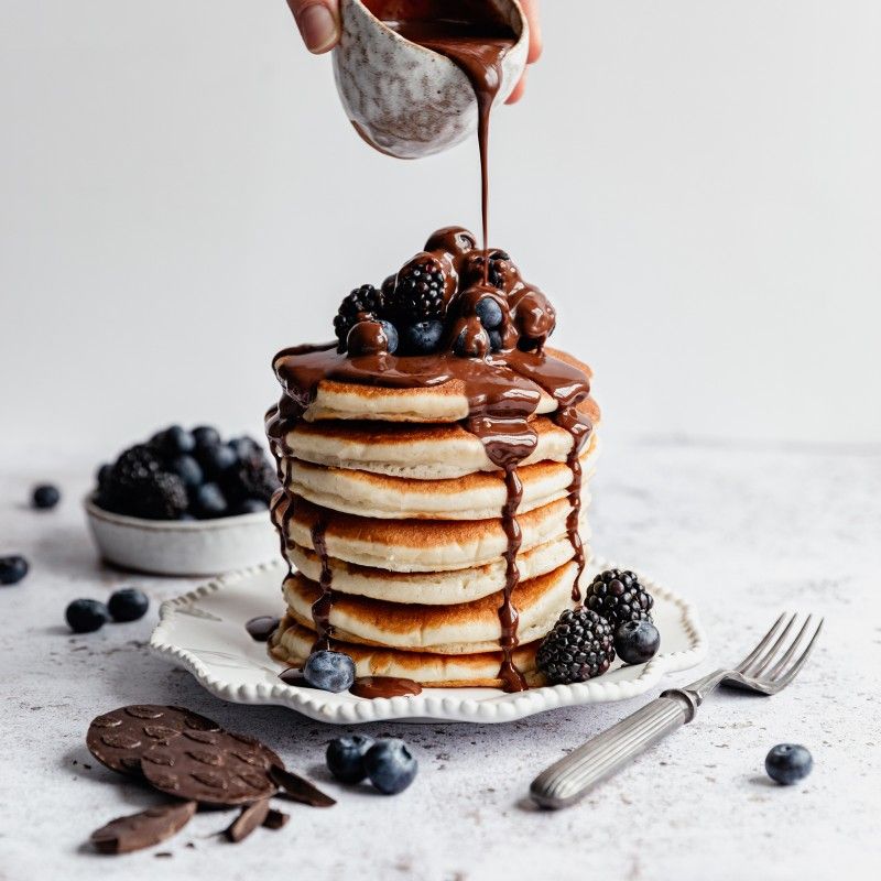 Homemade Buttermilk Pancakes With Dark Belgian Chocolate Sauce